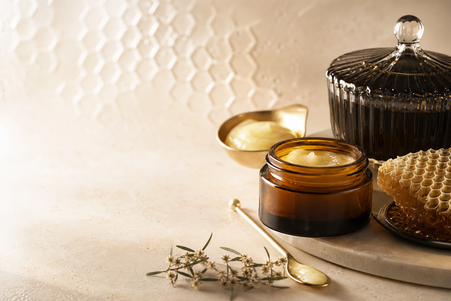 Amber glass royal jelly ritual still life